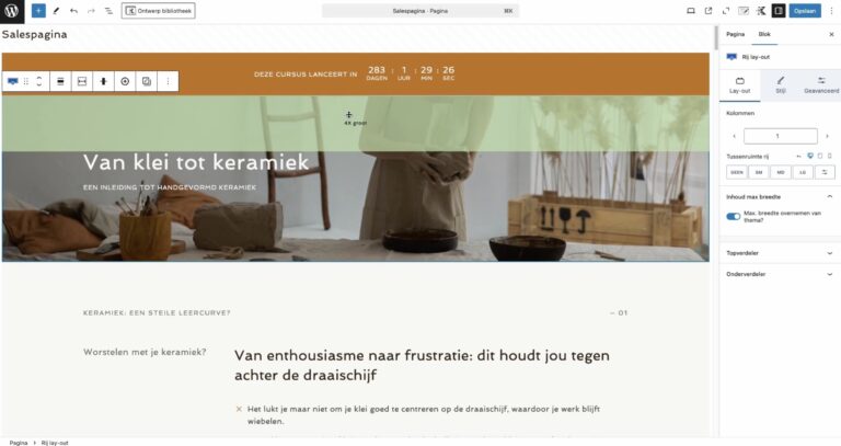Screenshot van wordpress interface om templates makkelijk aan te passen